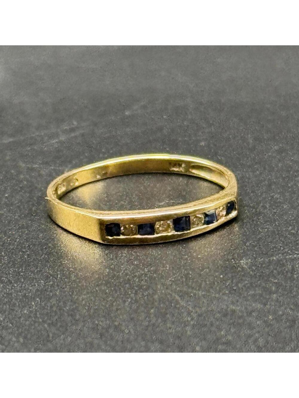 14K Yellow Gold Sapphire & Diamond Channel Set Band Ring Size 6.5